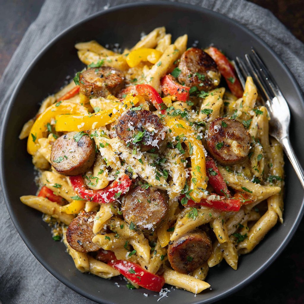 One Pot Cajun Sausage Pasta with Smoked Gouda
